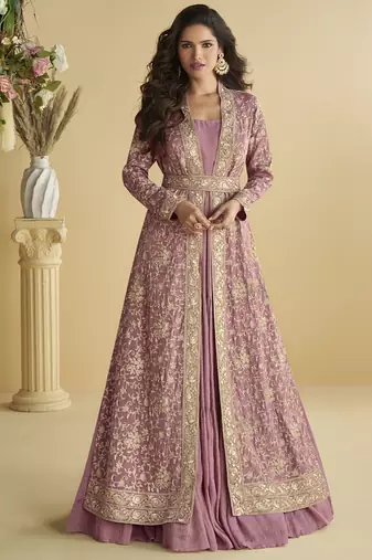 Onion pink chinon silk embroidered designer gown with strug