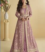 Onion pink chinon silk embroidered designer gown with strug
