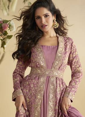 Onion pink chinon silk embroidered designer gown with strug 2