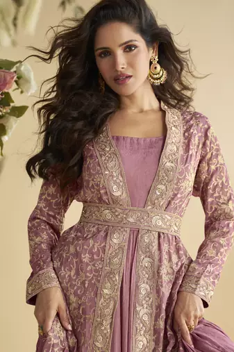 Onion pink chinon silk embroidered designer gown with strug
