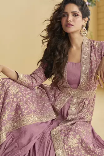 Onion pink chinon silk embroidered designer gown with strug