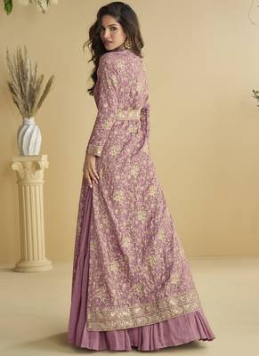 Onion pink chinon silk embroidered designer gown with strug 4