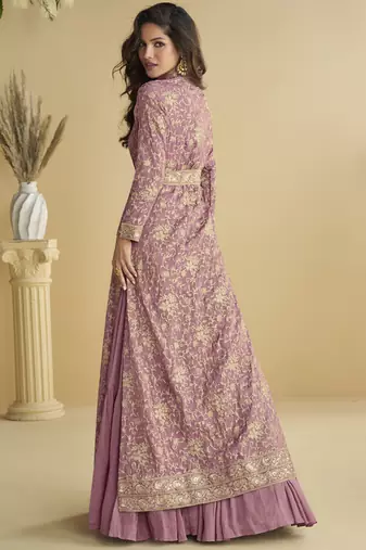 Onion pink chinon silk embroidered designer gown with strug