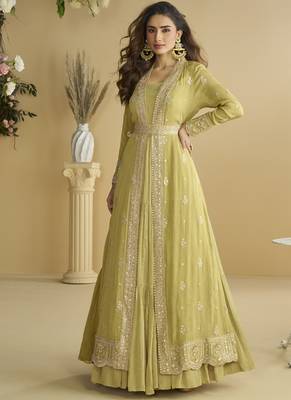 Lemon yellow chinon silk embroidered designer gown with strug 1