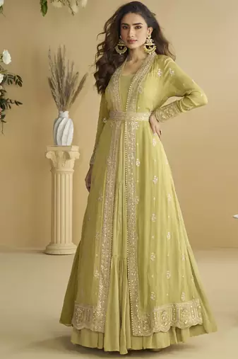 Lemon yellow chinon silk embroidered designer gown with strug