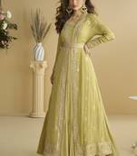 Lemon yellow chinon silk embroidered designer gown with strug