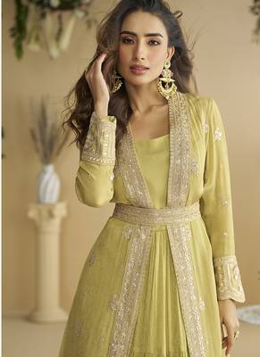 Lemon yellow chinon silk embroidered designer gown with strug 2