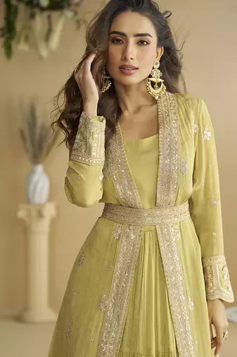Lemon yellow chinon silk embroidered designer gown with strug