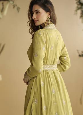 Lemon yellow chinon silk embroidered designer gown with strug 3