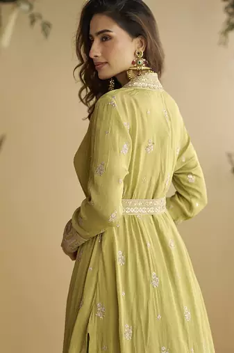 Lemon yellow chinon silk embroidered designer gown with strug