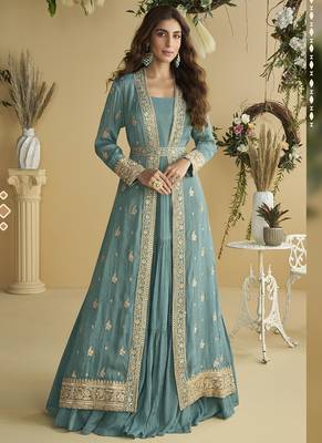 Sky blue chinon silk embroidered designer gown with strug 1