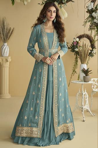Sky blue chinon silk embroidered designer gown with strug