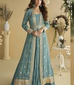 Sky blue chinon silk embroidered designer gown with strug