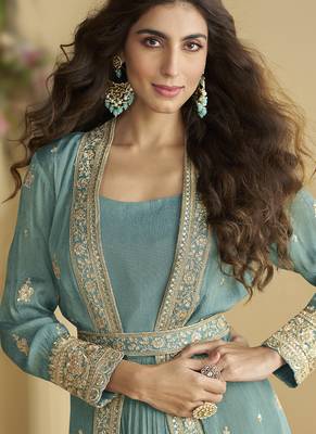 Sky blue chinon silk embroidered designer gown with strug 2