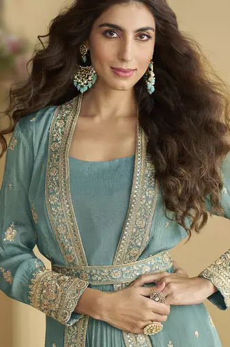 Sky blue chinon silk embroidered designer gown with strug