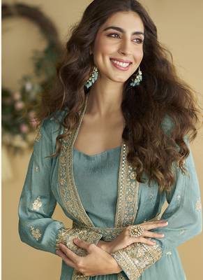 Sky blue chinon silk embroidered designer gown with strug 3