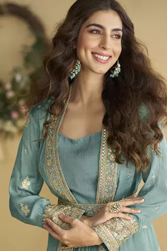 Sky blue chinon silk embroidered designer gown with strug