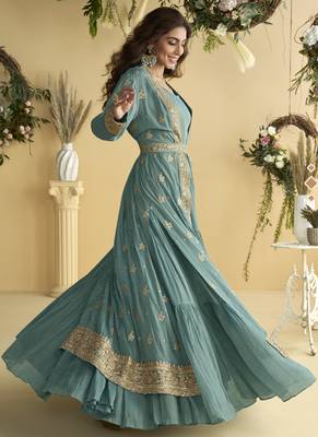 Sky blue chinon silk embroidered designer gown with strug 4