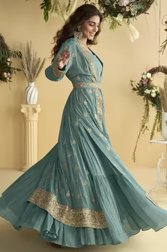 Sky blue chinon silk embroidered designer gown with strug