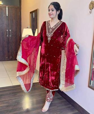 Maroon velvet straight suit stitched 1
