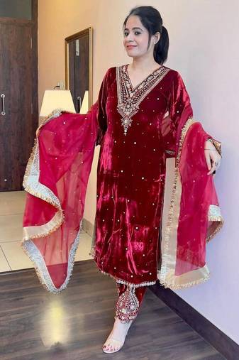 Maroon velvet straight suit stitched