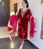 Maroon velvet straight suit stitched