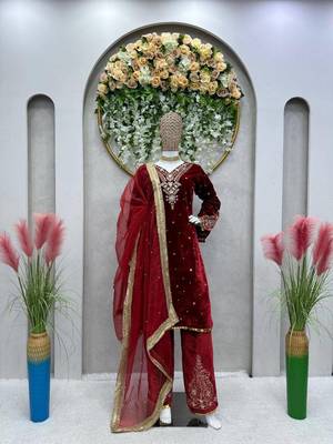 Maroon velvet straight suit stitched 2