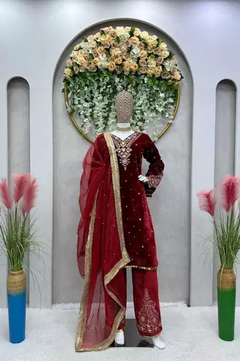 Maroon velvet straight suit stitched