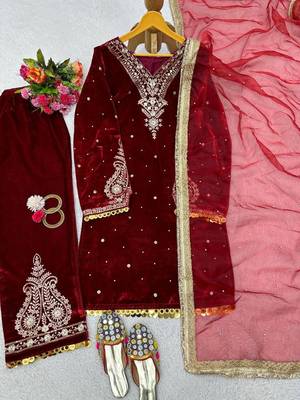 Maroon velvet straight suit stitched 3