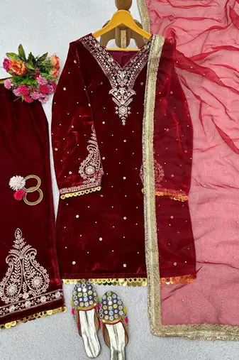 Maroon velvet straight suit stitched