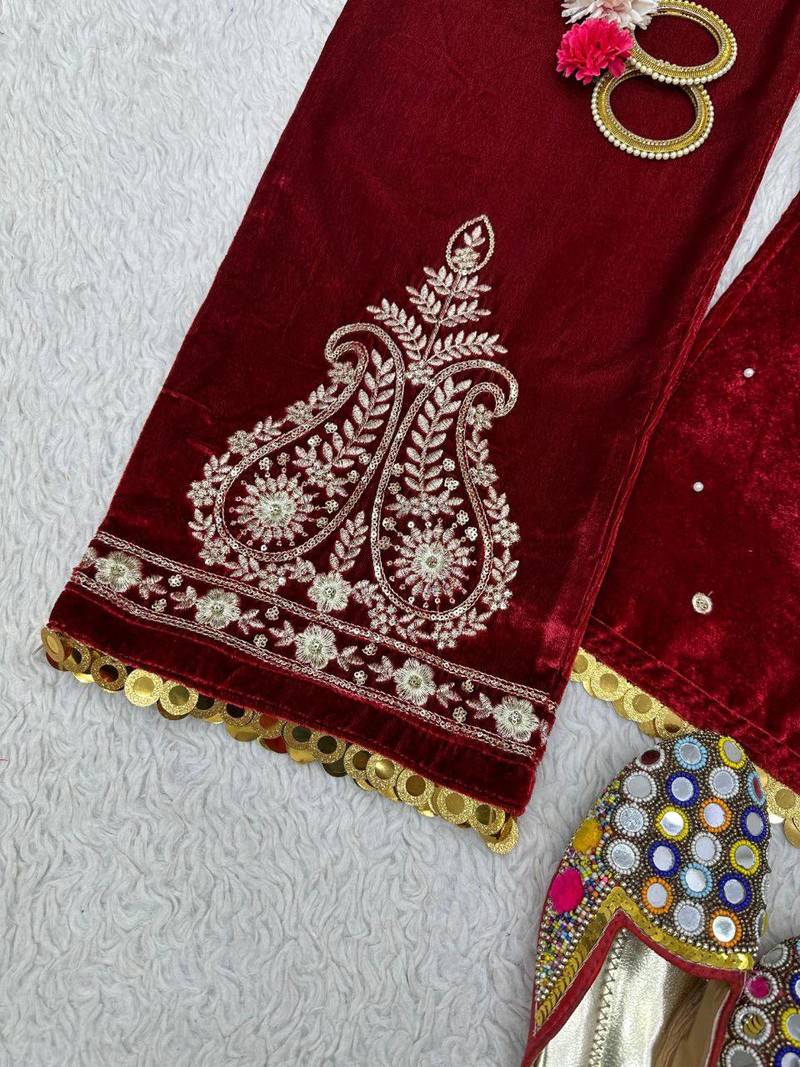 Maroon velvet straight suit stitched