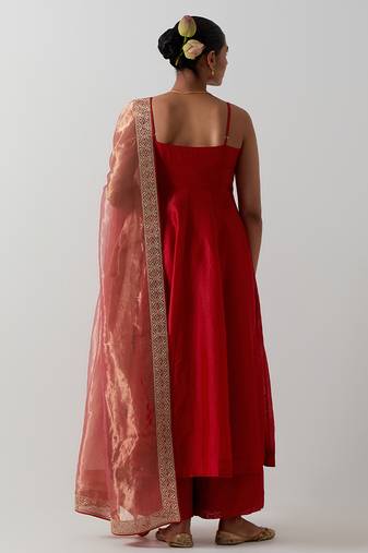 Orange plain chanderi anarkali set