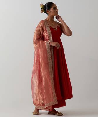 Orange plain chanderi anarkali set 3