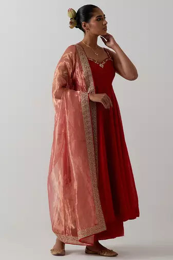 Orange plain chanderi anarkali set