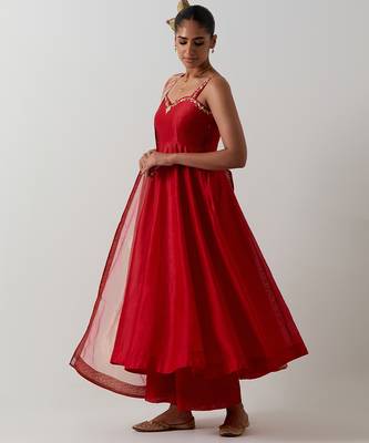 Orange plain chanderi anarkali set 4