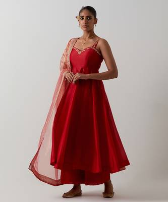 Orange plain chanderi anarkali set 1