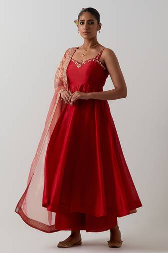 Orange plain chanderi anarkali set