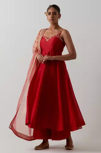 Orange plain chanderi anarkali set