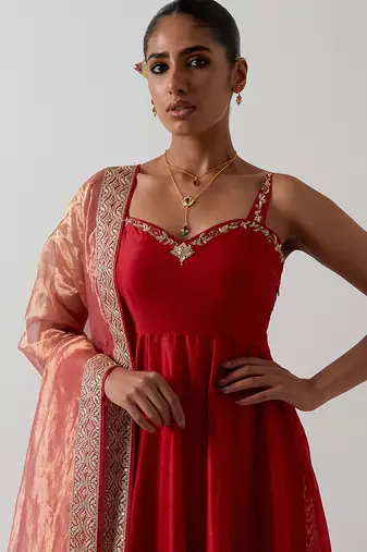 Orange plain chanderi anarkali set