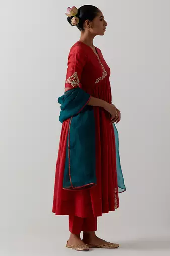 Orange embroidered chanderi kurta set