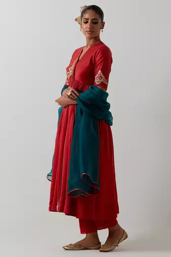 Orange embroidered chanderi kurta set