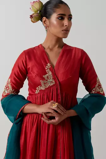 Orange embroidered chanderi kurta set