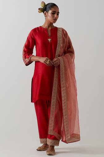 Orange plain chanderi kurta set
