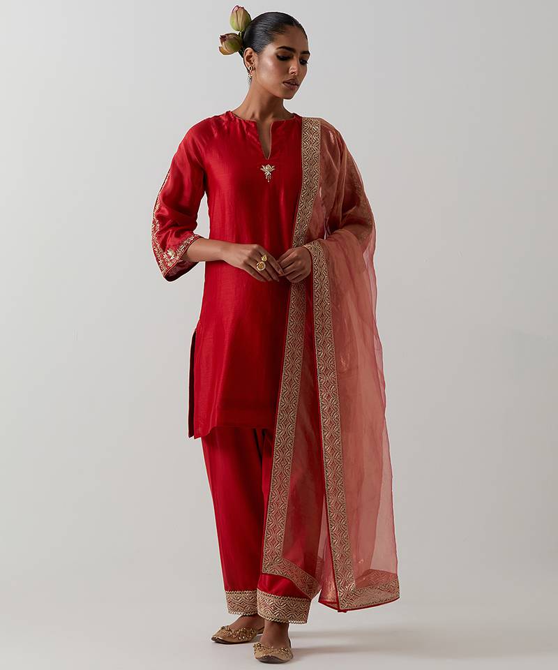Orange plain chanderi kurta set