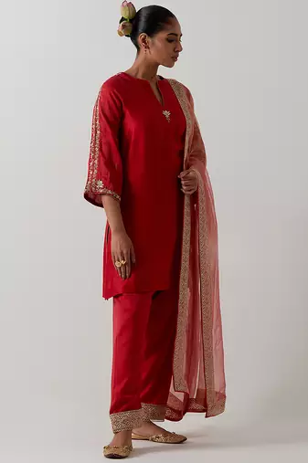 Orange plain chanderi kurta set