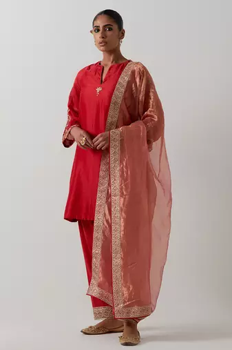 Orange plain chanderi kurta set