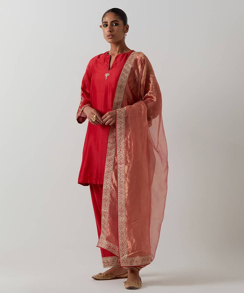 Orange plain chanderi kurta set