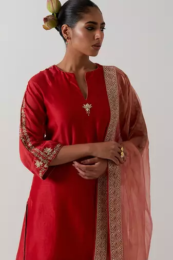 Orange plain chanderi kurta set