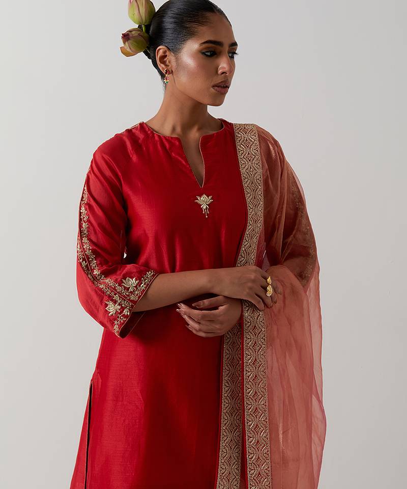 Orange plain chanderi kurta set