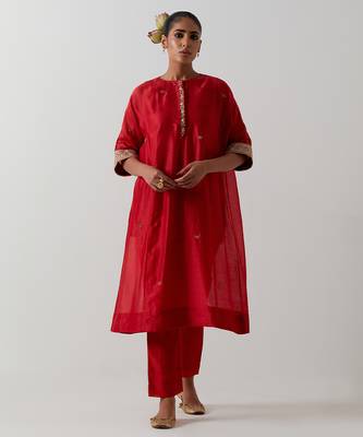 Red plain chanderi kurta set 1